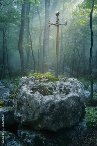 The legend of Excalibur Sword of King Arthur stuck in the stone, deep jungle. photo