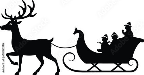 Santa Claus is flying in sleigh with Christmas reindeer. Silhouette of Santa Claus, sleigh with Christmas presents and reindeer