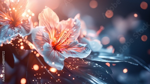 Night Blossoms: Luminous White Flowers on Branch with Bokeh Lights, 3D Rendering.
