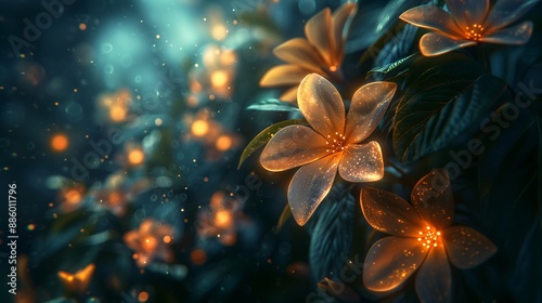 Night Blossoms: Luminous White Flowers on Branch with Bokeh Lights, 3D Rendering.