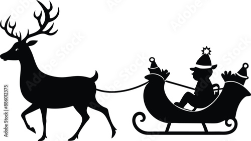 Santa Claus is flying in sleigh with Christmas reindeer. Silhouette of Santa Claus, sleigh with Christmas presents and reindeer