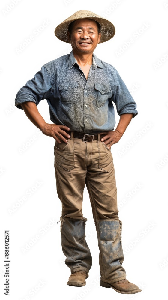 asian man farmer, stand, smiling, full body, white background asian man farmer, stand, smiling, full body, white background