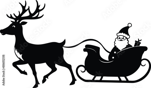 Santa Claus is flying in sleigh with Christmas reindeer. Silhouette of Santa Claus, sleigh with Christmas presents and reindeer