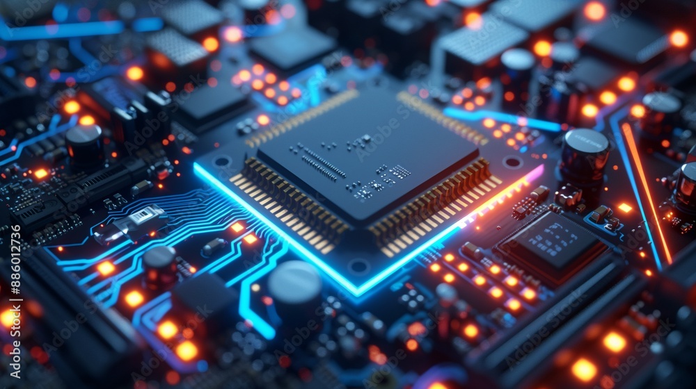 Future-Tech Processor and Circuitry Aglow in Dynamic Blue and Orange Lights. Future-Tech Processor and Circuitry Aglow in Dynamic Blue and Orange Lights.