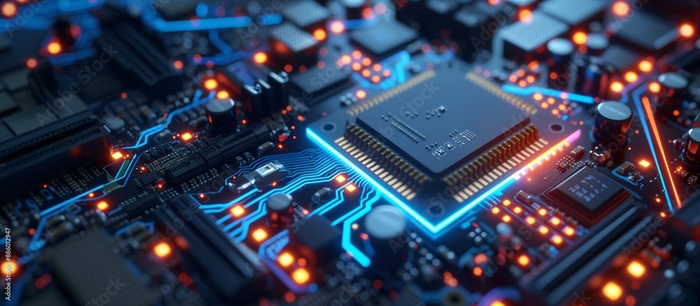 Future-Tech Processor and Circuitry Aglow in Dynamic Blue and Orange Lights, Copy Space. 