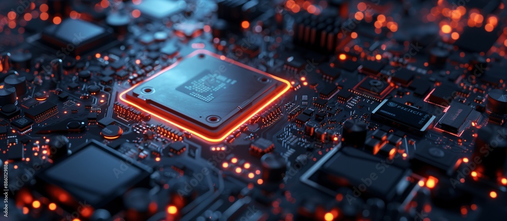 Future-Tech Processor and Circuitry Aglow in Dynamic Blue and Orange Lights, Copy Space. Future-Tech Processor and Circuitry Aglow in Dynamic Blue and Orange Lights, Copy Space.