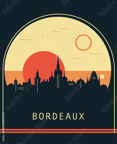 Bordeaux city retro style poster with skyline, cityscape. France vintage vector illustration. Travel front cover, brochure, flyer, leaflet template, layout image