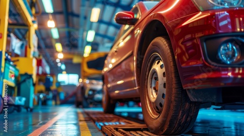 Close-up of Cars in an Auto Repair Shop Undergoing Maintenance, Upgrades, and System Enhancements. Showcasing Vehicle Care, Faulty Car Repairs, and New Feature Installations in a 4K High-Resolution AI