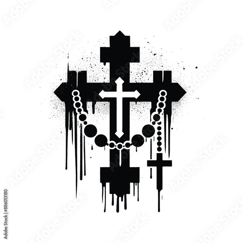 cross with rosary in graffiti stencil with simple paint dripping