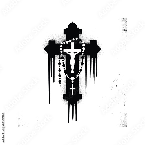 cross with rosary in graffiti stencil with simple paint dripping