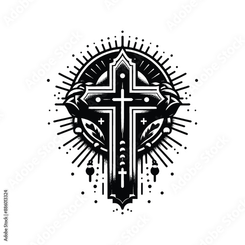 cross with rosary in graffiti stencil with simple paint dripping