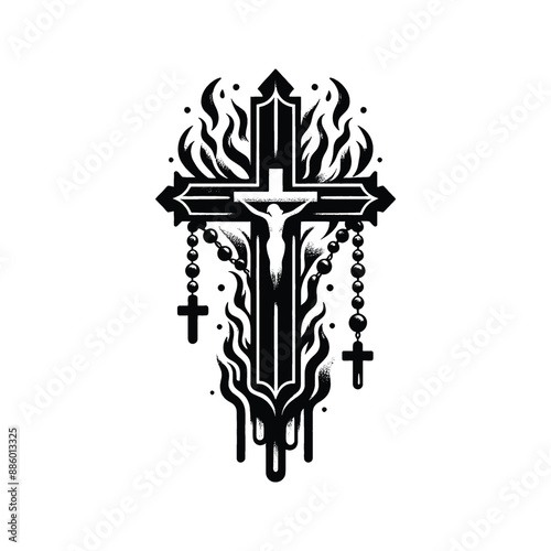 cross with rosary in graffiti stencil with simple paint dripping
