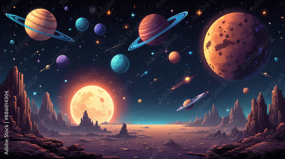 Illustration of a pixel art space background with stars, planets, and distant galaxies, suitable for space shooter or exploration games.
Illustration of a pixel art space background with stars, planets, and distant galaxies, suitable for space shooter or exploration games.
