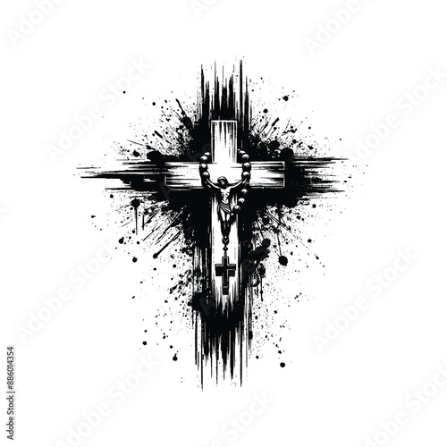 cross with rosary in graffiti stencil with simple paint dripping