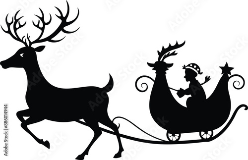 Santa Claus is flying in sleigh with Christmas reindeer. Silhouette of Santa Claus, sleigh with Christmas presents and reindeer