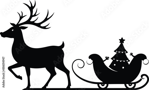 Santa Claus is flying in sleigh with Christmas reindeer. Silhouette of Santa Claus, sleigh with Christmas presents and reindeer