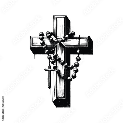 cross with rosary in graffiti stencil with simple paint dripping