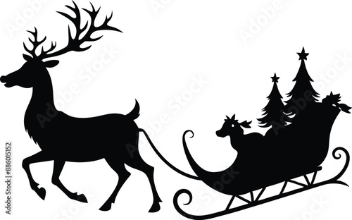 Santa Claus is flying in sleigh with Christmas reindeer. Silhouette of Santa Claus, sleigh with Christmas presents and reindeer