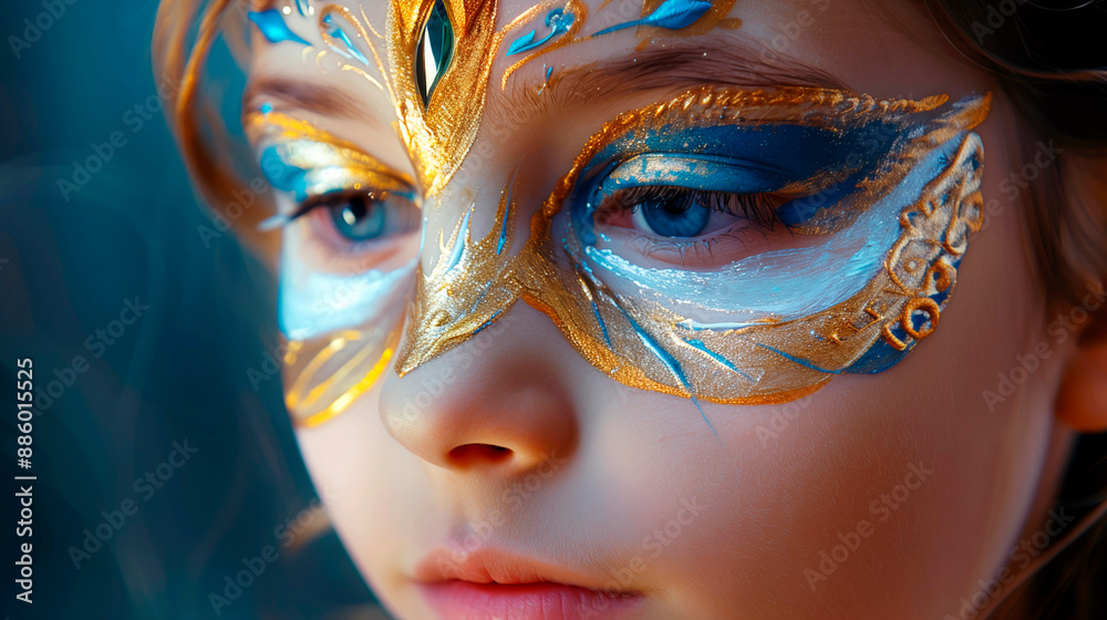 A young girl is given fantastic artistic face painting with a brush in gold and blue colors. Hyper-realistic photo, high quality. A young girl is given fantastic artistic face painting with a brush in gold and blue colors. Hyper-realistic photo, high quality.