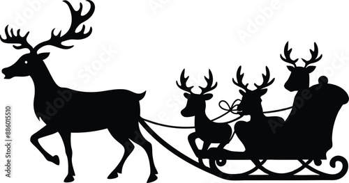 Santa Claus is flying in sleigh with Christmas reindeer. Silhouette of Santa Claus, sleigh with Christmas presents and reindeer