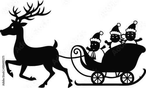 Santa Claus is flying in sleigh with Christmas reindeer. Silhouette of Santa Claus, sleigh with Christmas presents and reindeer