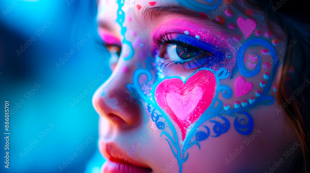 Fototapeta premium A young girl is given fantastic artistic face painting with a brush in gold and blue colors. Hyper-realistic photo, high quality.