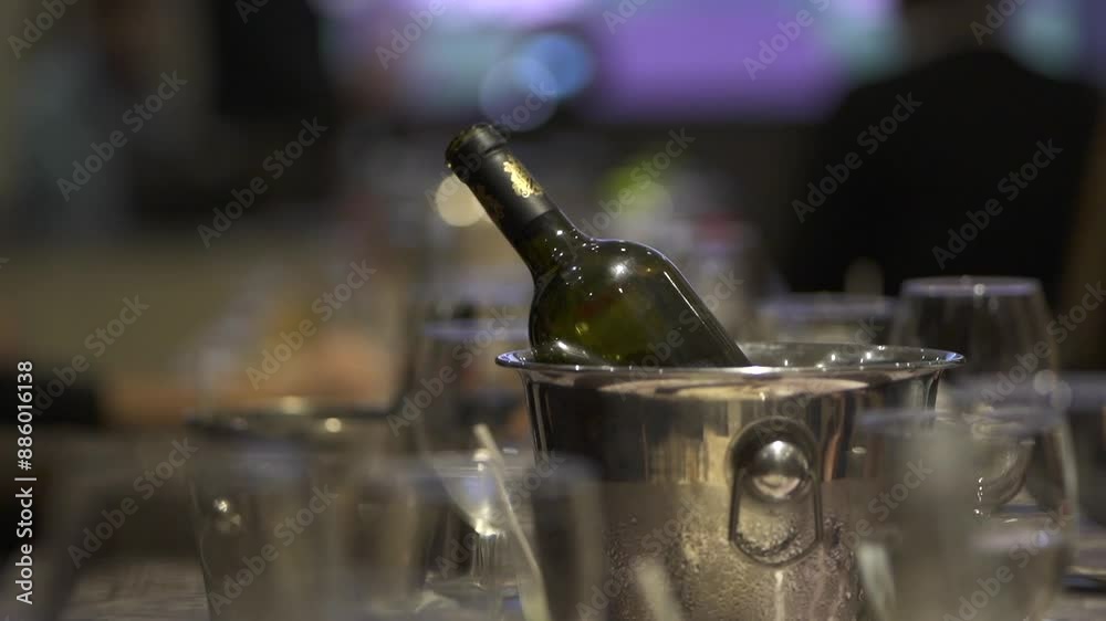 Chilled wine bottle on ice, hand grabbing a glass at an elegant business event Chilled wine bottle on ice, hand grabbing a glass at an elegant business event