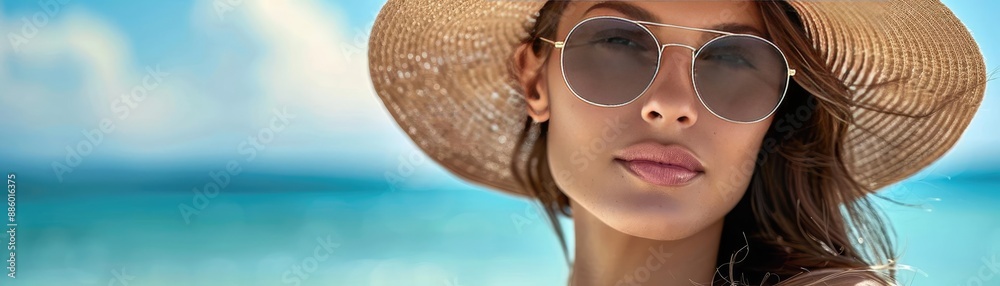 Woman in a beachwear outfit with a wide-brimmed hat, highlighting summer fashion Woman in a beachwear outfit with a wide-brimmed hat, highlighting summer fashion