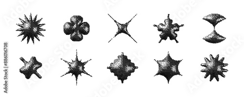 Black pixelated 3d Y2K shape set. Bitmap stars, flowers, sparkles element collection. Retro 8 bit sticker form bundle for poster, banner, collage, graphic design. Vector dither geometric object pack