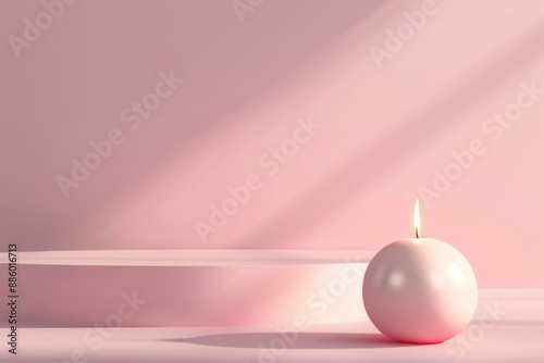 Pink lit candle is resting near an empty platform with sunlight creating soft shadows on a pink background photo