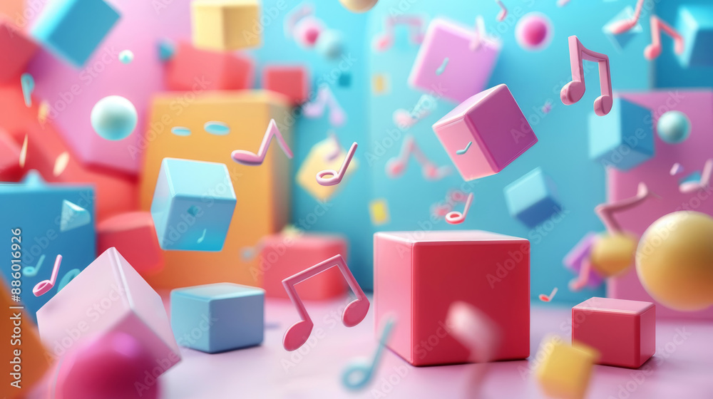 Floating 3D geometric shapes with music notes, 3D background music, dynamic and artistic Floating 3D geometric shapes with music notes, 3D background music, dynamic and artistic