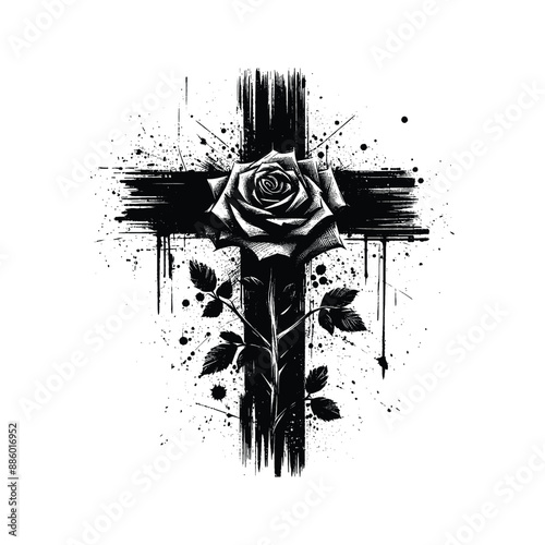 cross with rose in graffiti stencil with simple paint dripping