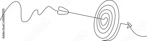 Target with arrow continuous line drawing. Hand drawn linear goal circle. Vector illustration isolated on white.