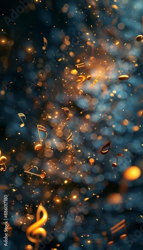 Golden music notes sparkle against a dark blue and orange background.