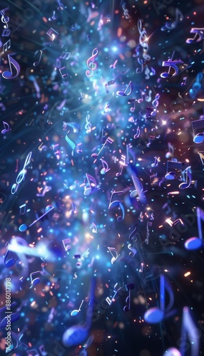 Abstract cosmic background with glowing music notes.