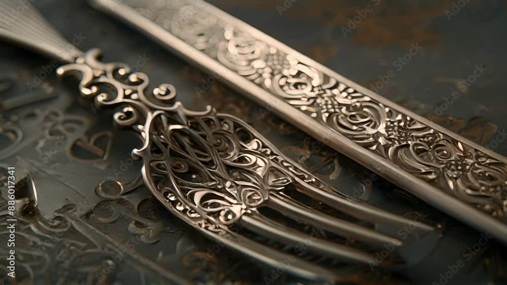 An intricate silver salad fork intricately designed with a combination of geometric and floral patterns.