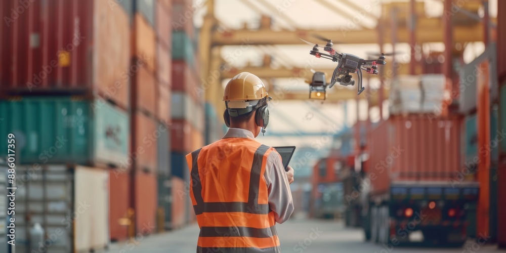 Fototapeta premium Female Manager Overseeing Logistics Operations with Advanced Technology, Using a Tablet While a Worker Loads Cardboard Boxes into a Delivery Truck at a Retail Warehouse. Perfect for Depicting Online S