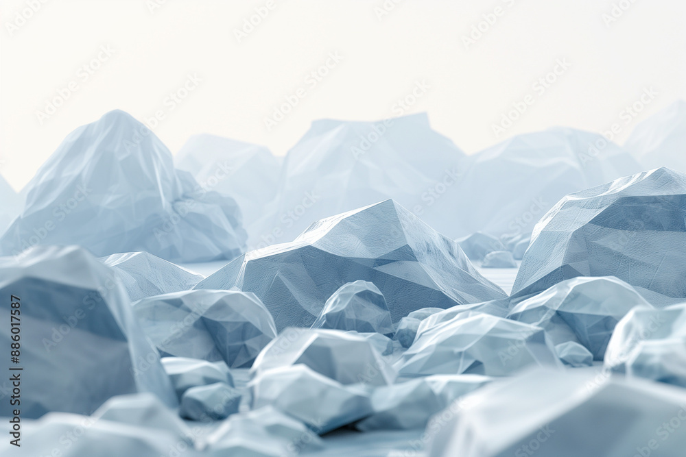 A 3D low-poly scene of rocks and mountains made from light blue clay, with white patterns on the surface.
A 3D low-poly scene of rocks and mountains made from light blue clay, with white patterns on the surface.