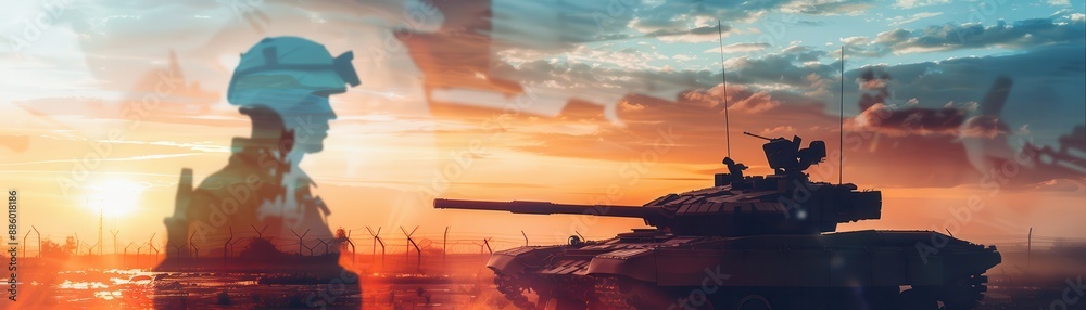 Silhouette of WW2 tank, engineer maintaining close up, focus on, copy space vibrant colors Double exposure silhouette with warzone Silhouette of WW2 tank, engineer maintaining close up, focus on, copy space vibrant colors Double exposure silhouette with warzone