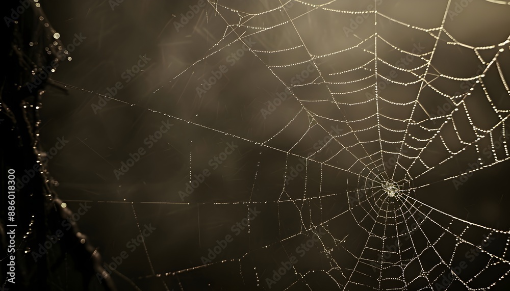 A spiderweb covered in dewdrops hangs in the night A spiderweb covered in dewdrops hangs in the night