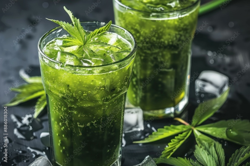 Two glasses with iced cannabis cocktail, marijuana leaves and ice cubes on black wet background Two glasses with iced cannabis cocktail, marijuana leaves and ice cubes on black wet background