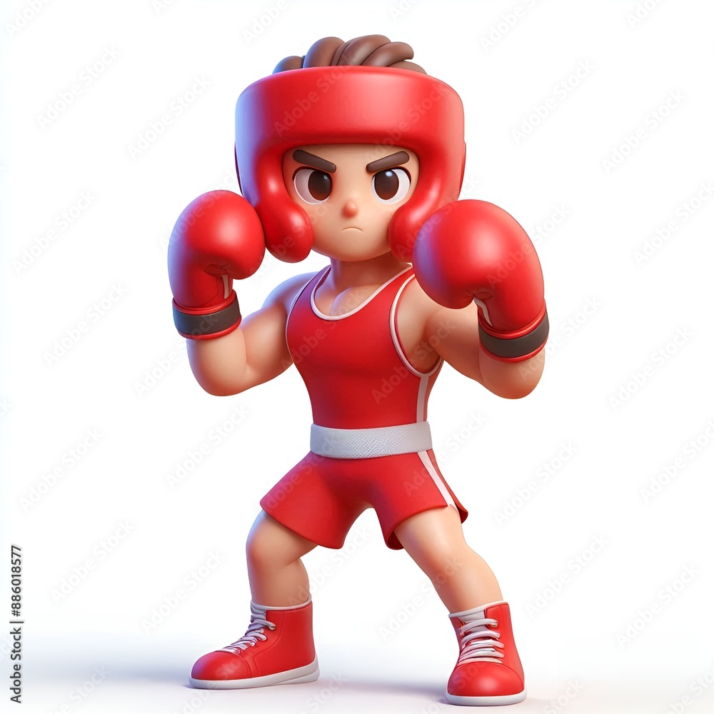 3D cartoon character, boxer, wearing a red shirt. Standing ready to punch