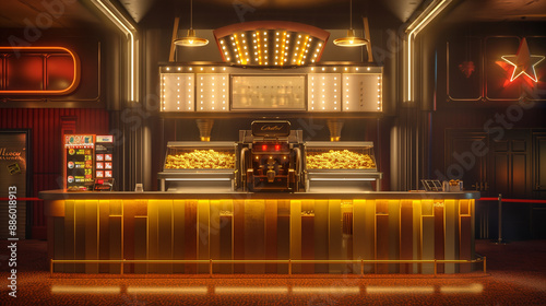 Luxurious Vintage Cinema Concession Stand with Bright Neon Lights and Retro Popcorn Machine, Capturing the Glamour and Nostalgia of Classic Movie Theaters