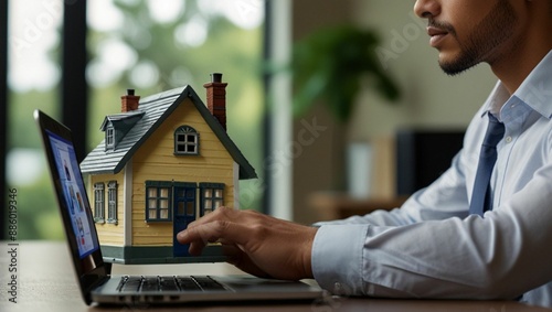 Real estate investment: A businessman analyzes mortgage loans for homes and insurance by using a laptop with a house icon. interest rate, company real estate, and investment planning. 
