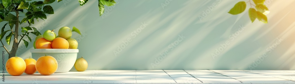 Sunlit table with fresh citrus fruits and leaves casting shadows on a pastel green wall, exuding a serene and refreshing ambiance. Sunlit table with fresh citrus fruits and leaves casting shadows on a pastel green wall, exuding a serene and refreshing ambiance.
