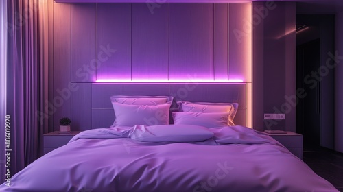 A stylish modern bedroom with soft purple neon lighting along the bed's headboard, set against a cool grey background, creating a serene nighttime ambiance.