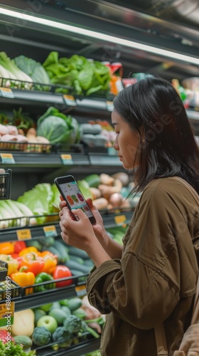 Individual Selecting Healthy Foods and Preparing a Shopping List Using Smart Ordering Devices. Showcasing the Transition Between Online and Offline Shopping, Highlighting Modern and Traditional Change