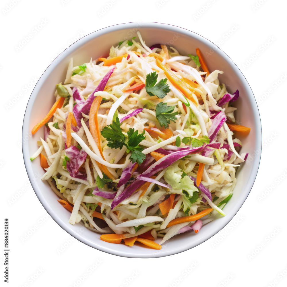 Coleslaw salad on white bowl top view isolated on transparent background Coleslaw salad on white bowl top view isolated on transparent background