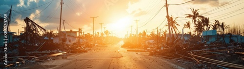 Sunrise over a devastated street with fallen power lines and debris after a natural disaster. photo