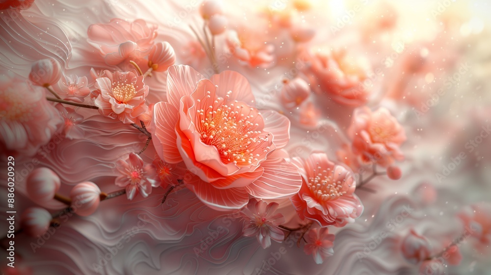 3D Relief of Pink Flowering Branch with Delicate Petals 3D Relief of Pink Flowering Branch with Delicate Petals